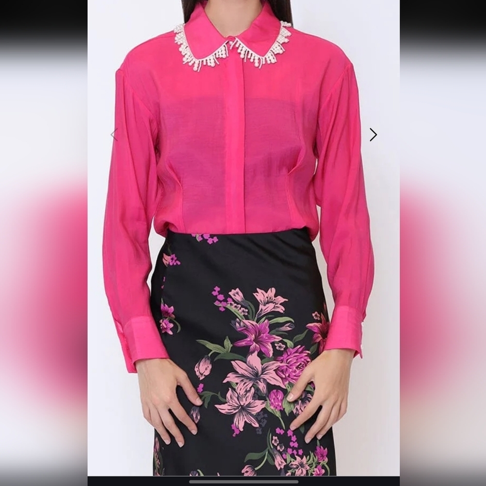 Gracia Fuchsia Beaded-Collar Long-Sleeve Blouse Size XL